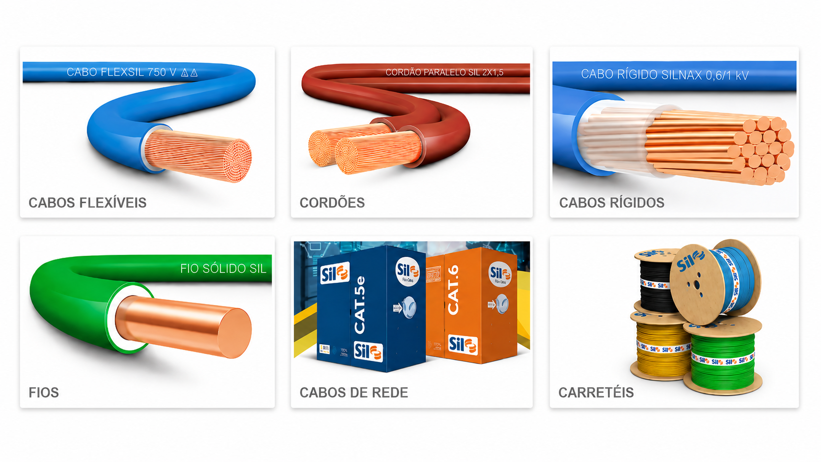 Cabos flexíveis, cordões, cabos rígidos, fios, cabos de rede e carretéis